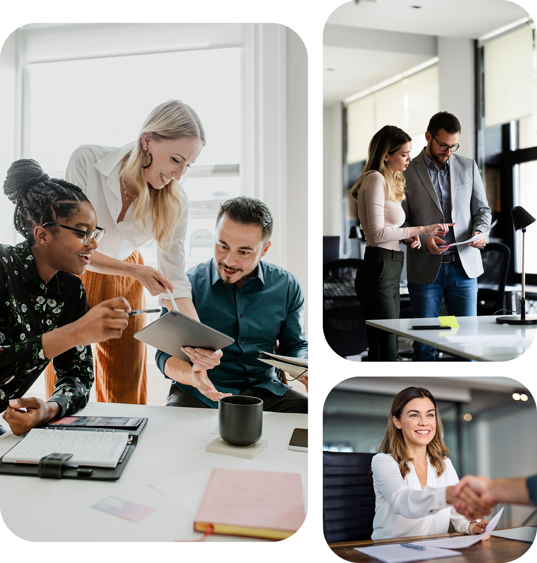 Collage of office scenes: people collaborating with tablets and documents, a woman smiling, and a handshake.