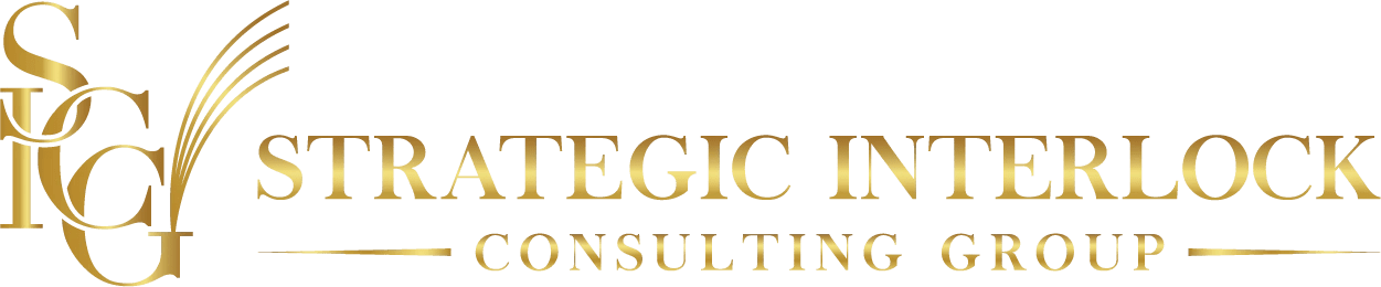 Logo of "Strategic Interlock Consulting Group" featuring stylized gold lettering and decorative elements.
