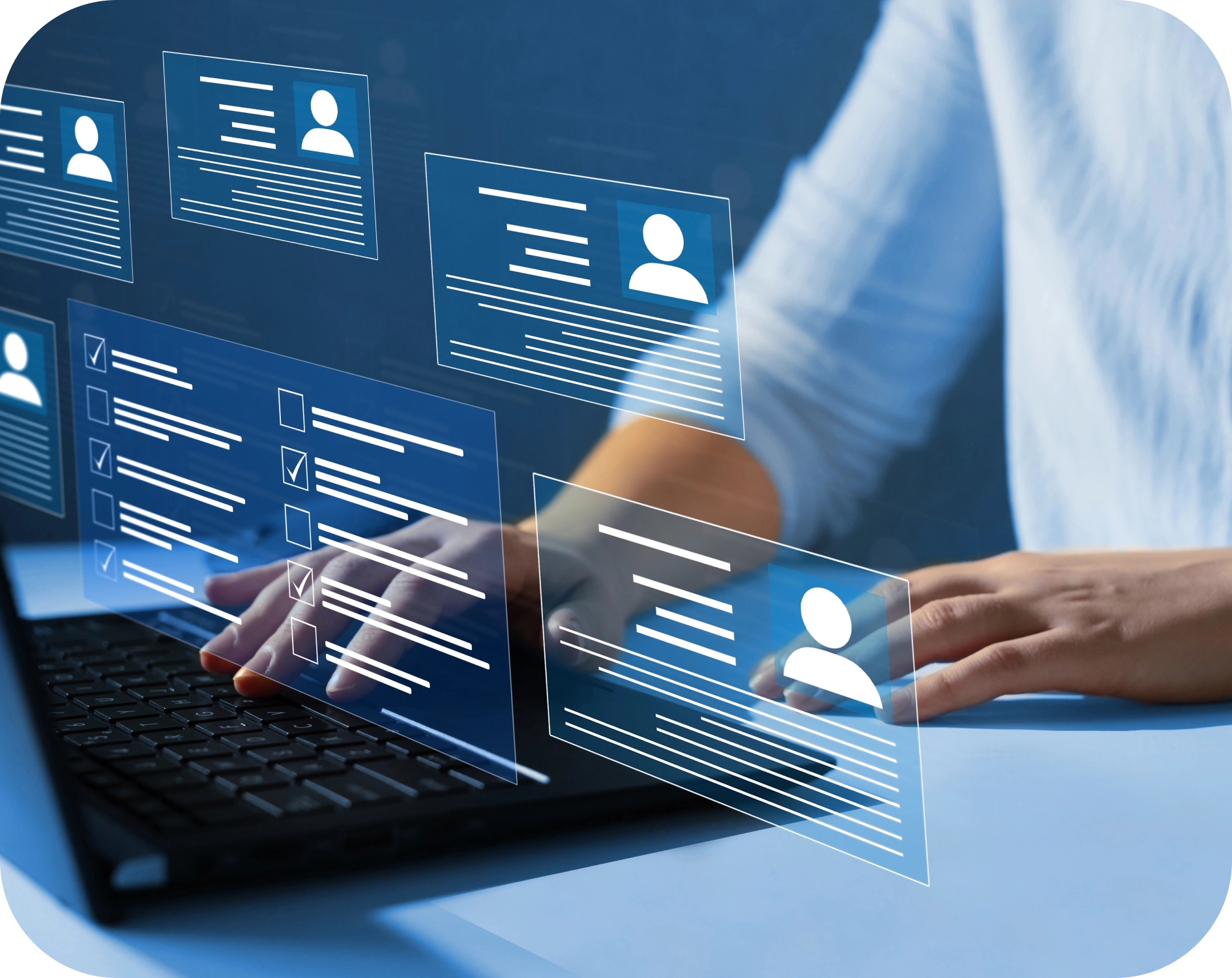 Person typing on a laptop with digital profile icons and documents hovering above the keyboard, suggesting online data management or communication.